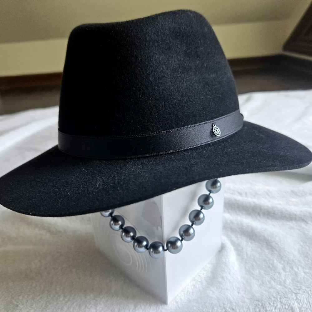Maison Michel black rabbit fur felt hat with pearls M